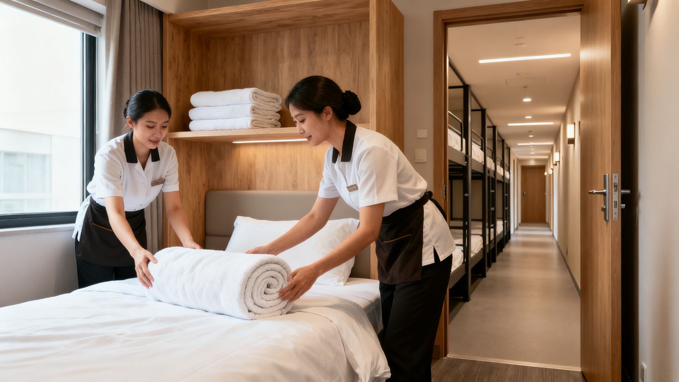 Housekeeping team preparing a bright hostel room