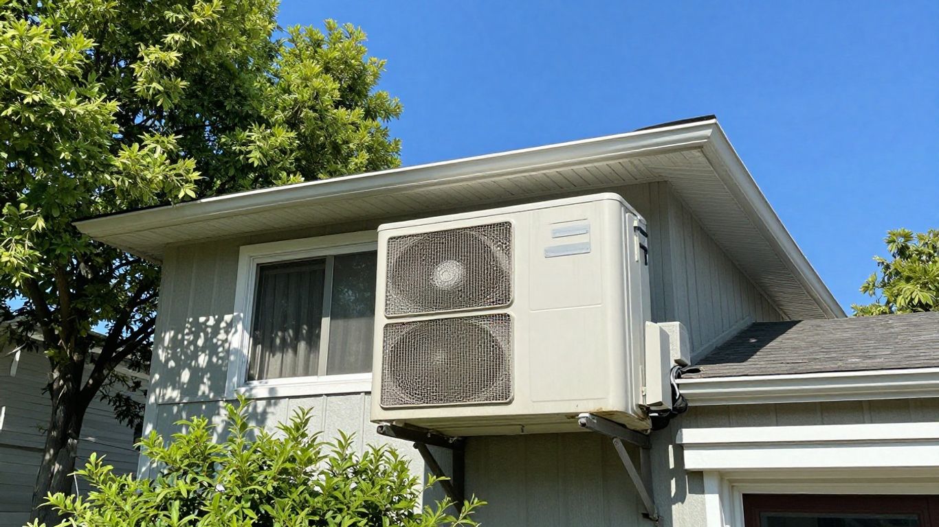 House with AC unit needing repair on a sunny day.