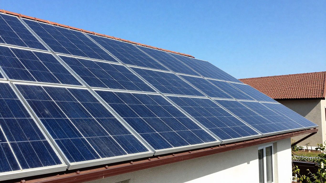 Solar panels on a roof under the sun.