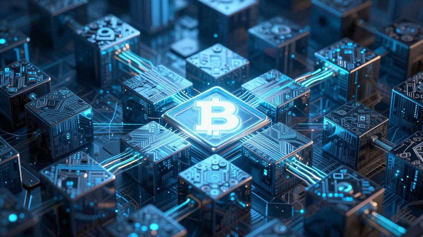 Blockchain shield protecting digital data network.