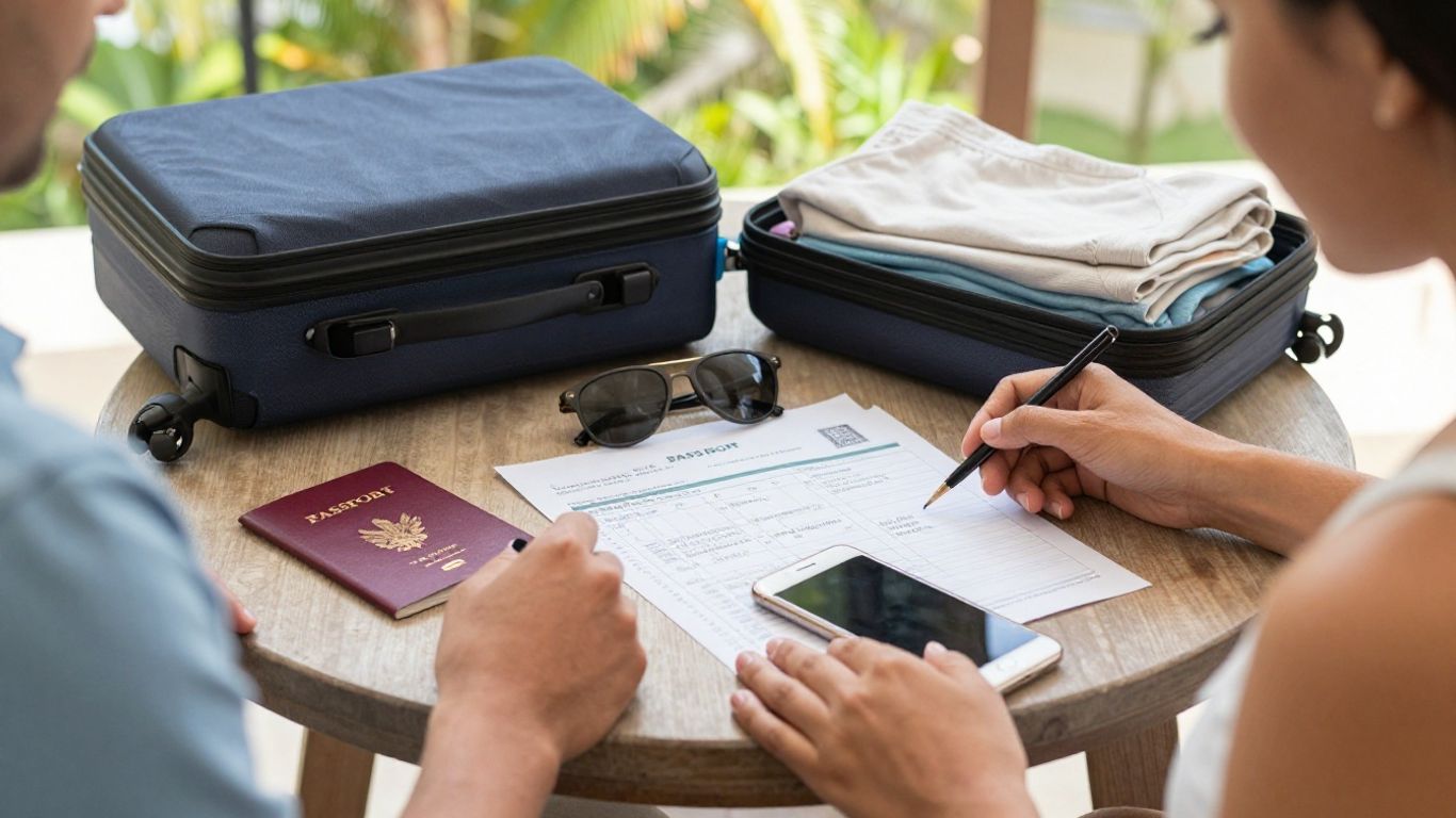 Couple reviewing vacation costs beside luggage