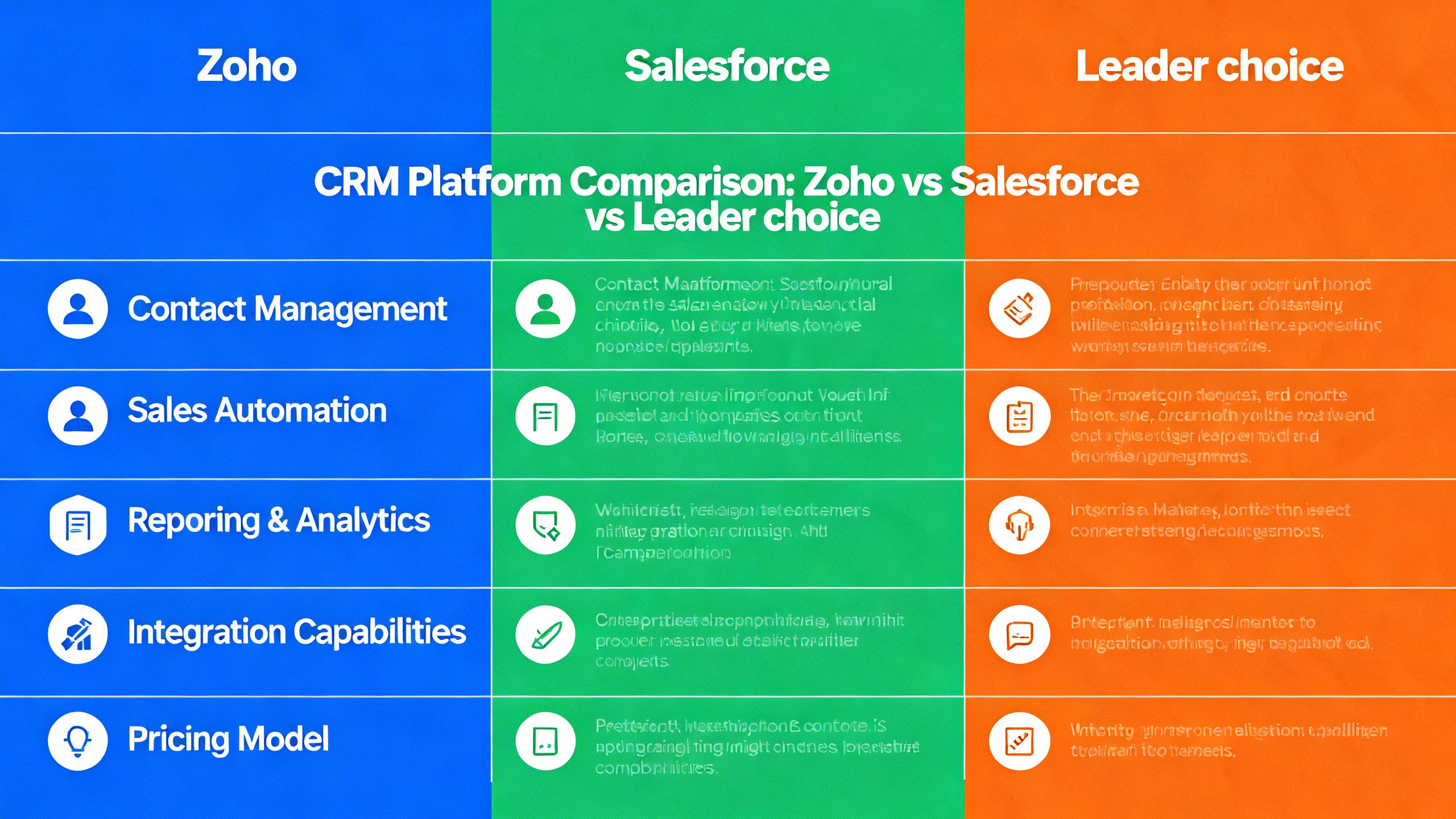 A side-by-side comparison chart showing features of different CRM platforms, highlighting the Zoho vs Salesforce vs Leader choice