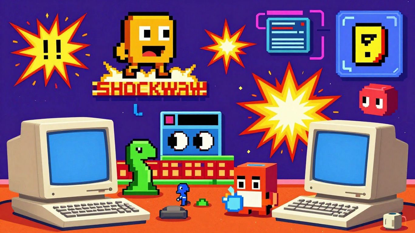 Retro Shockwave game graphics and explosions on a computer screen.