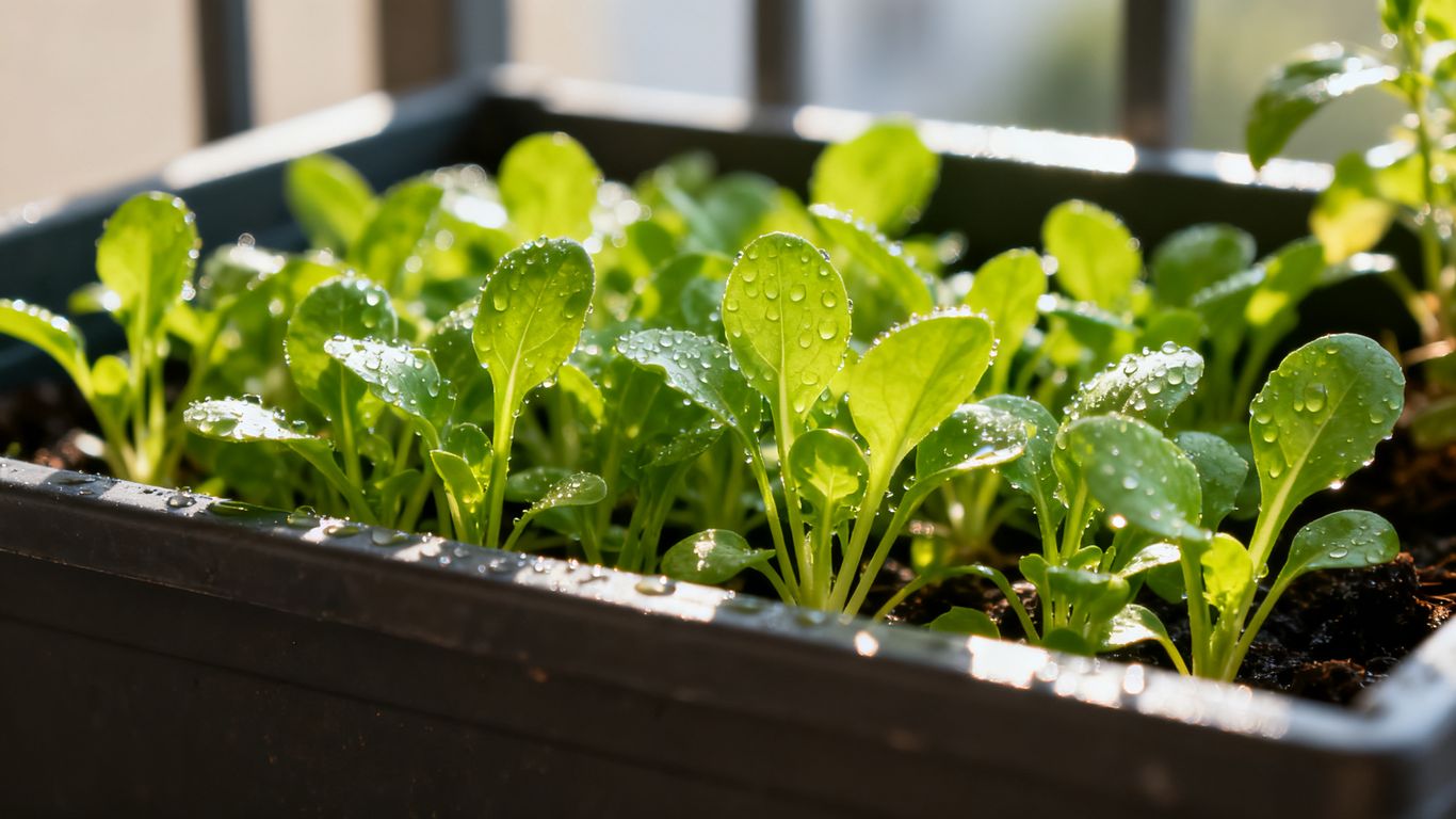 Lush green salad plants in balcony box
