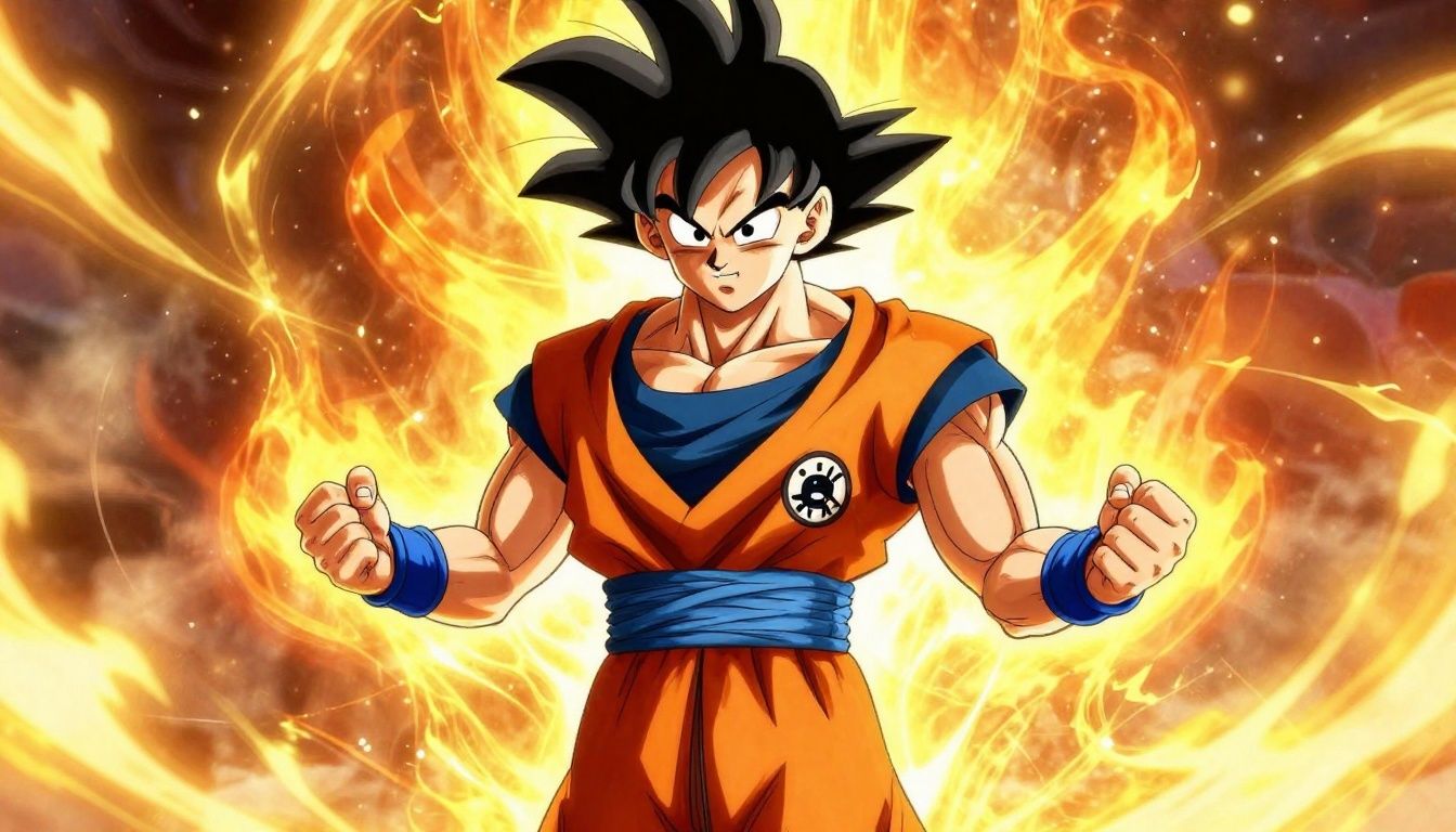 Soco cinematográfico de um personagem de Dragon Ball com aura brilhante