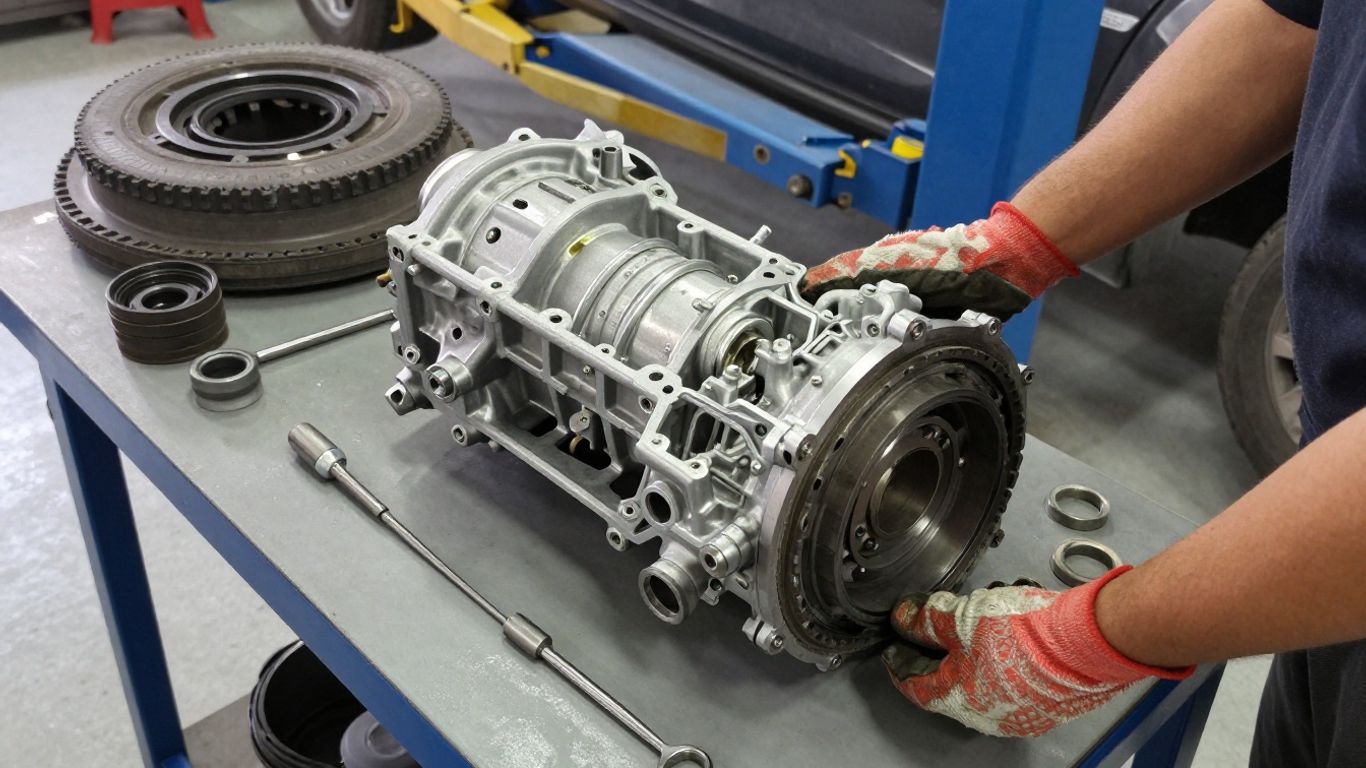 Transmission repair with parts arranged on workbench