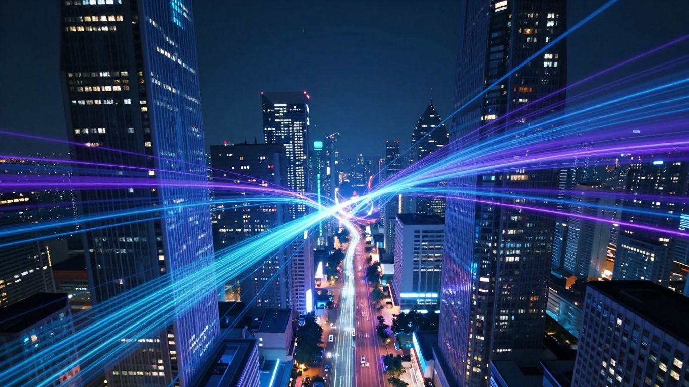 Futuristic cityscape with glowing data streams