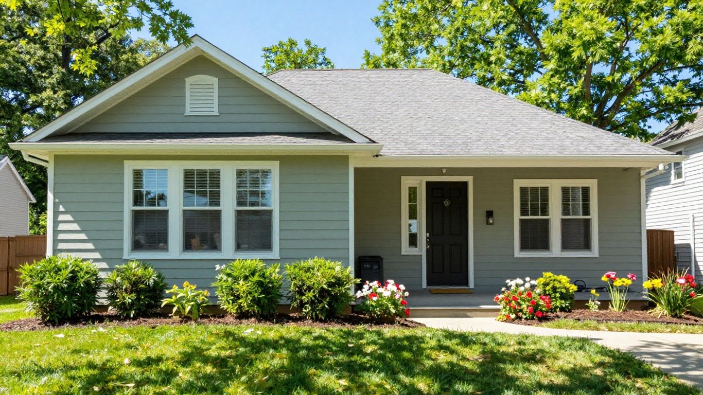 Newly painted house exterior with green landscaping and blooming flowers.