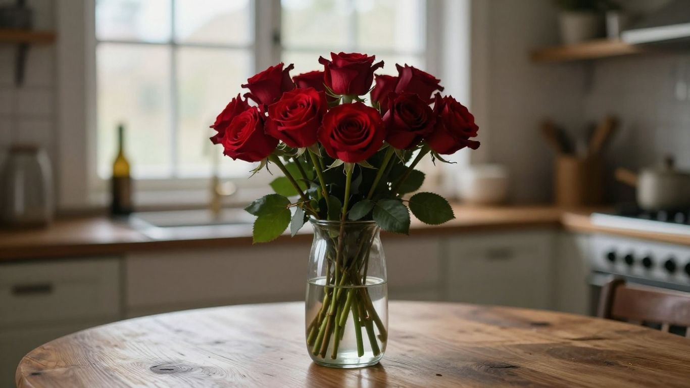 A vibrant bouquet of fresh red roses in vase.