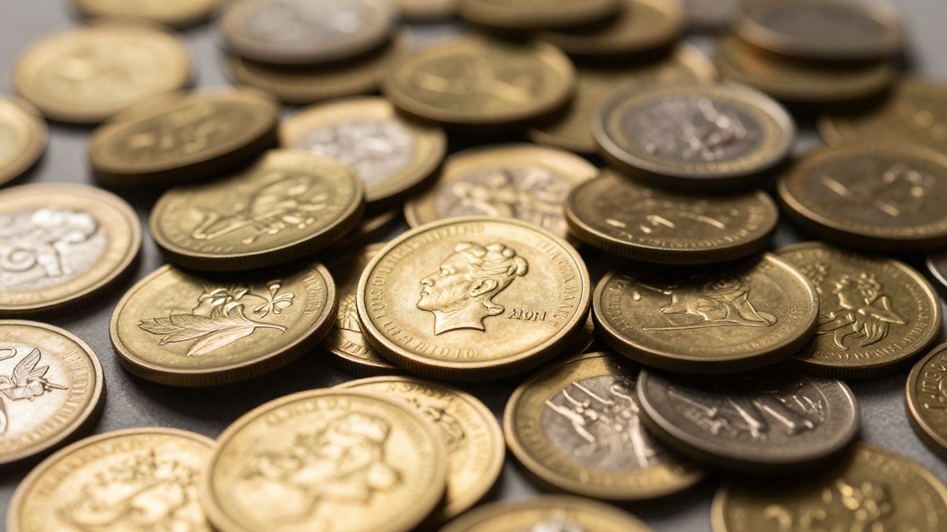 Gold and silver medallions piled together, close-up view.
