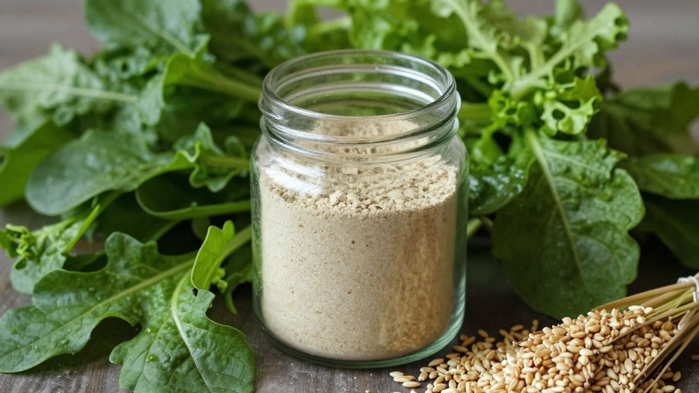 Jar of prebiotics with leafy greens and grains.