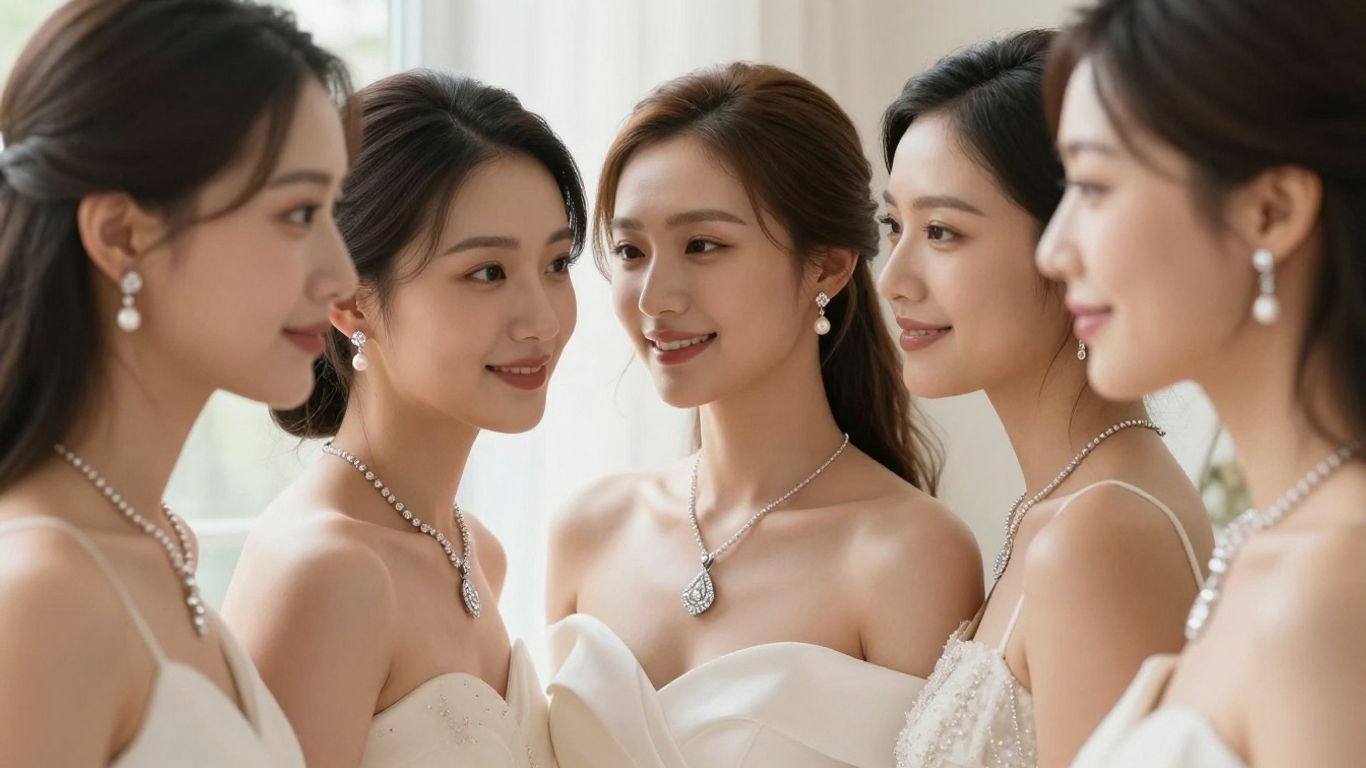 Bride and bridesmaids wearing sparkling bridal jewellery.