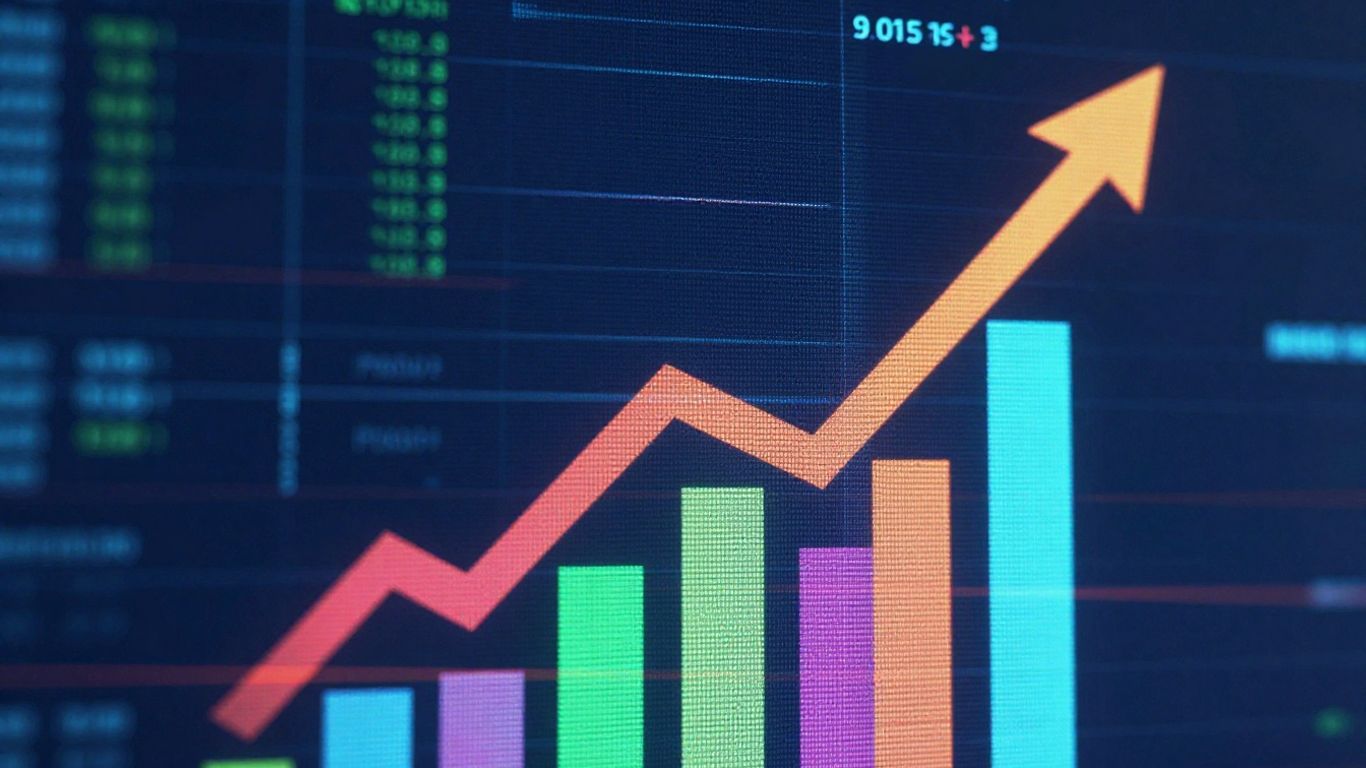 Gráfico de crescimento com setas subindo e elementos digitais.