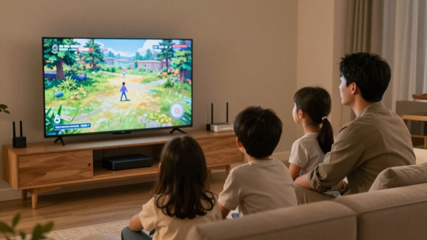 Family watching high definition television at home