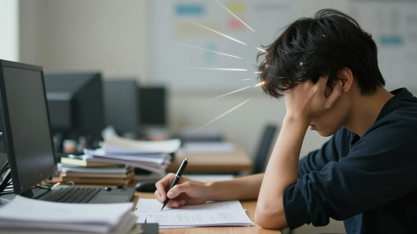 Pessoa com dificuldade de concentração em uma mesa.