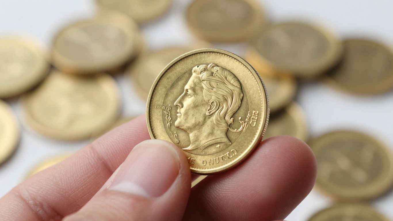 A mão de uma pessoa segurando uma moeda de ouro antiga.