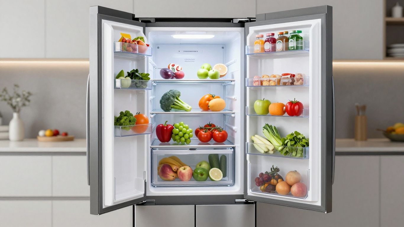 Moderner Kühlschrank mit frischen Lebensmitteln