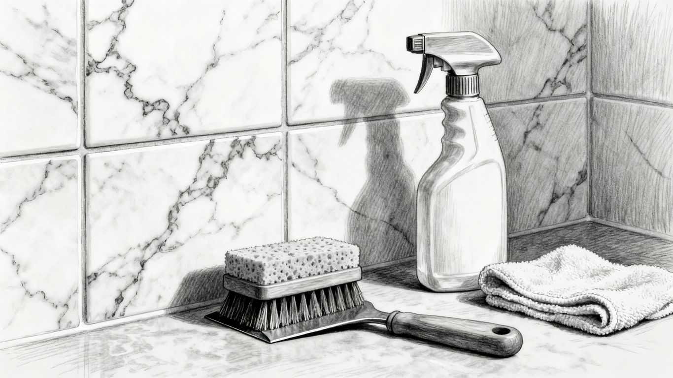 Cleaning tools near natural stone bathroom tiles