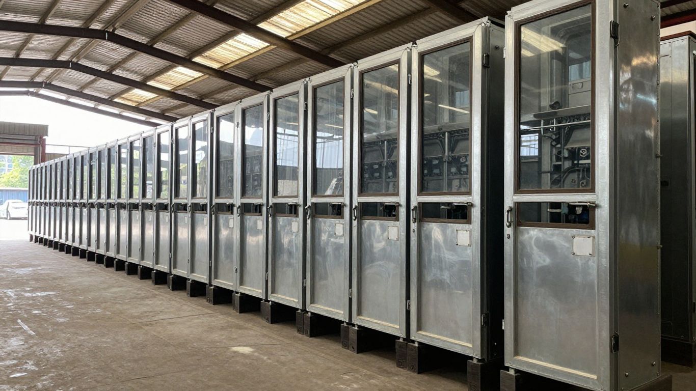 An organized row of steel car parts in a workshop