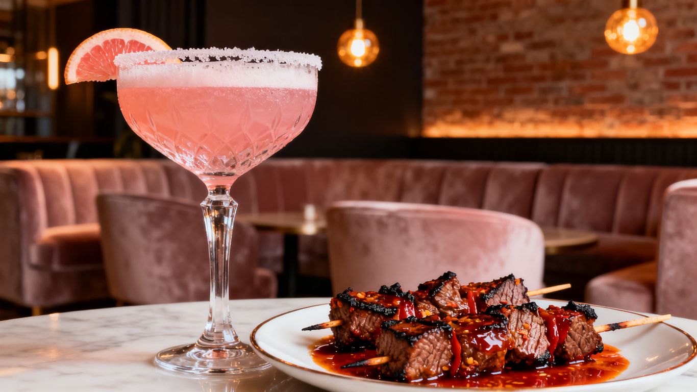 Premium cocktails served with spicy grilled skewers