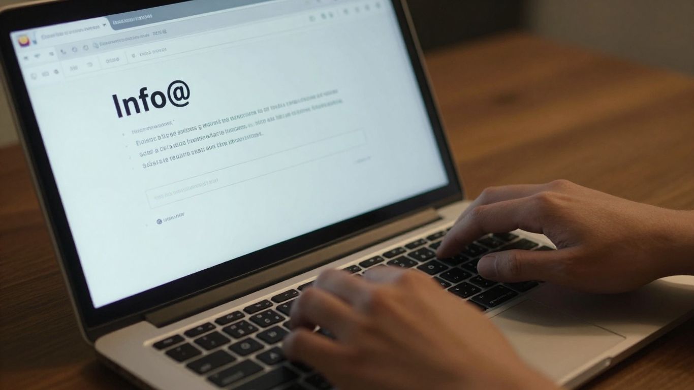 Hands typing on laptop near email inbox.
