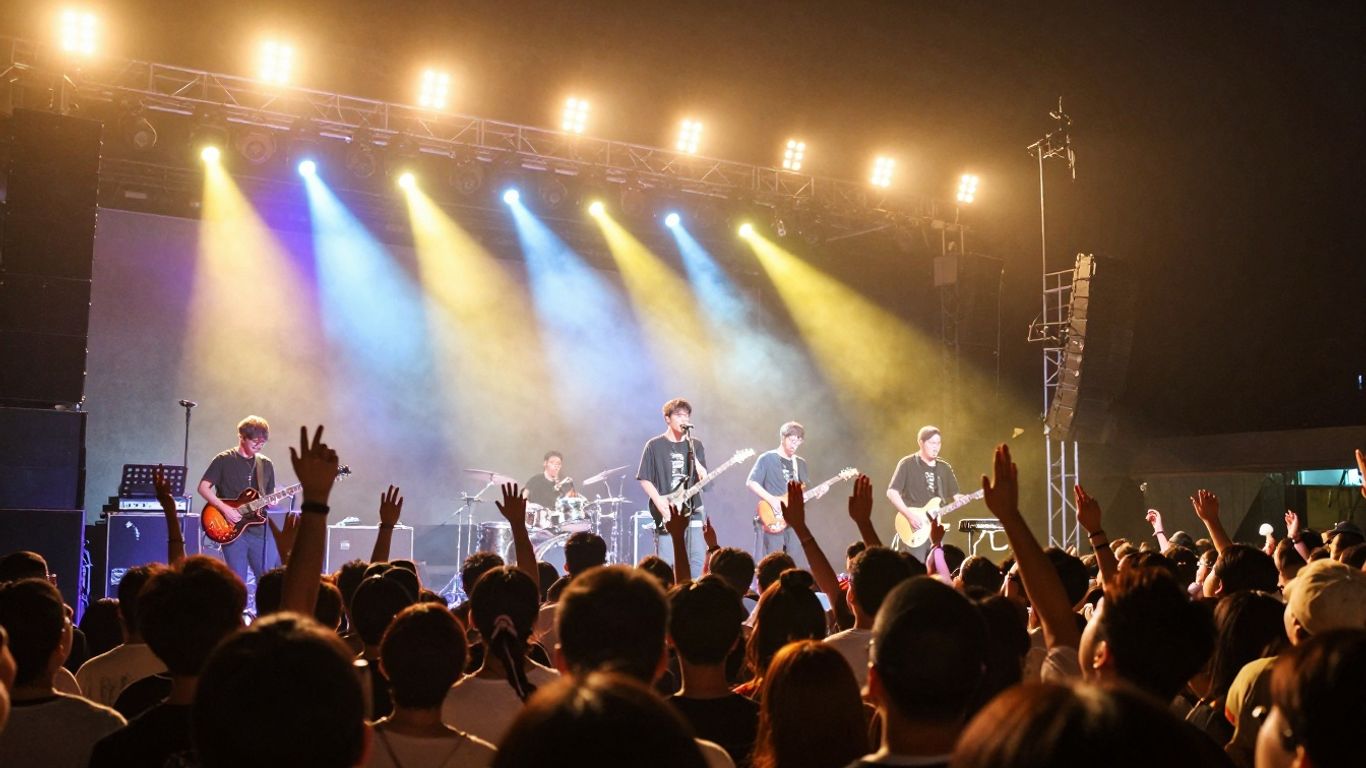Musician performing on stage with flashing lights.