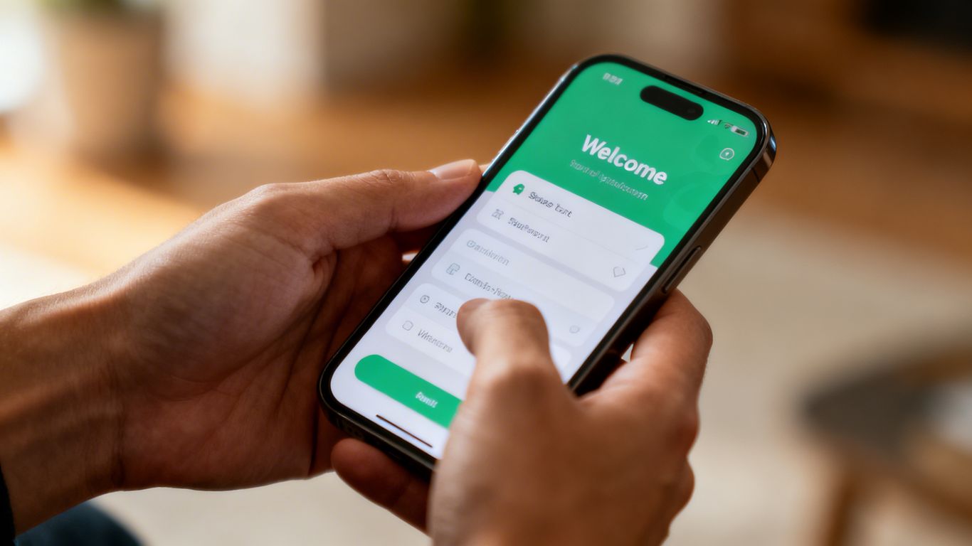 Hands holding a smartphone with a digital interface.