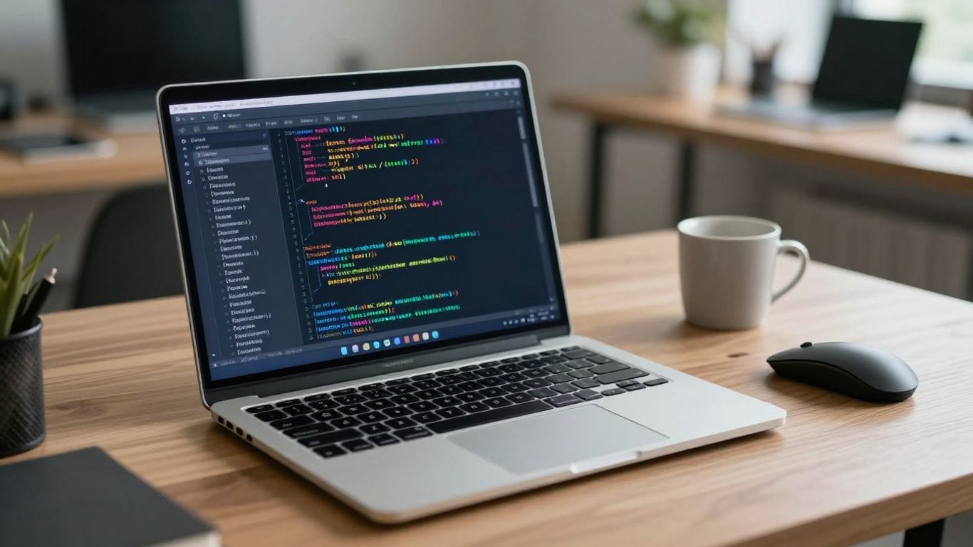 Laptop con código en pantalla, teclado y ratón.