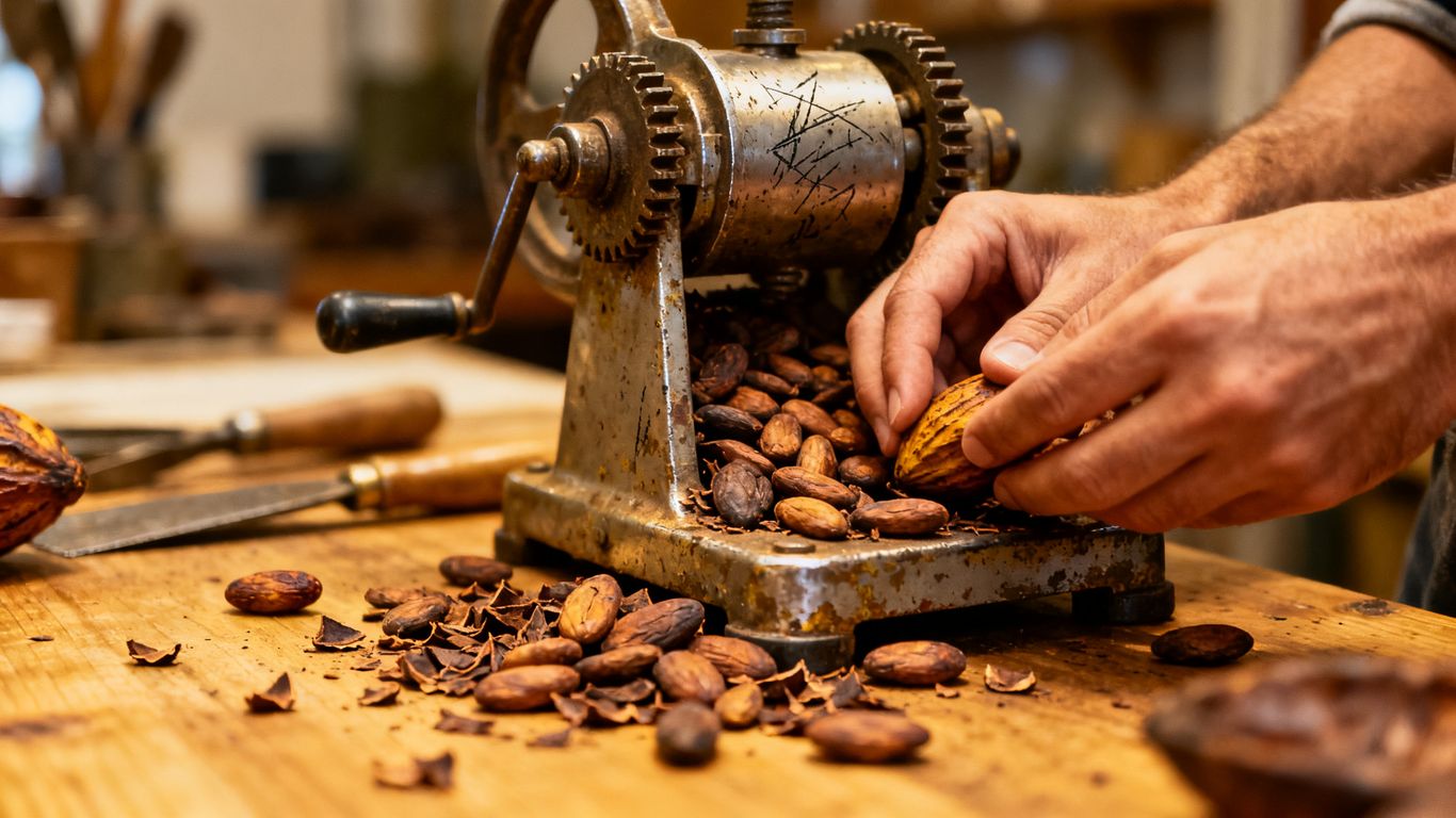Artisans processing raw cacao beans in a workshop