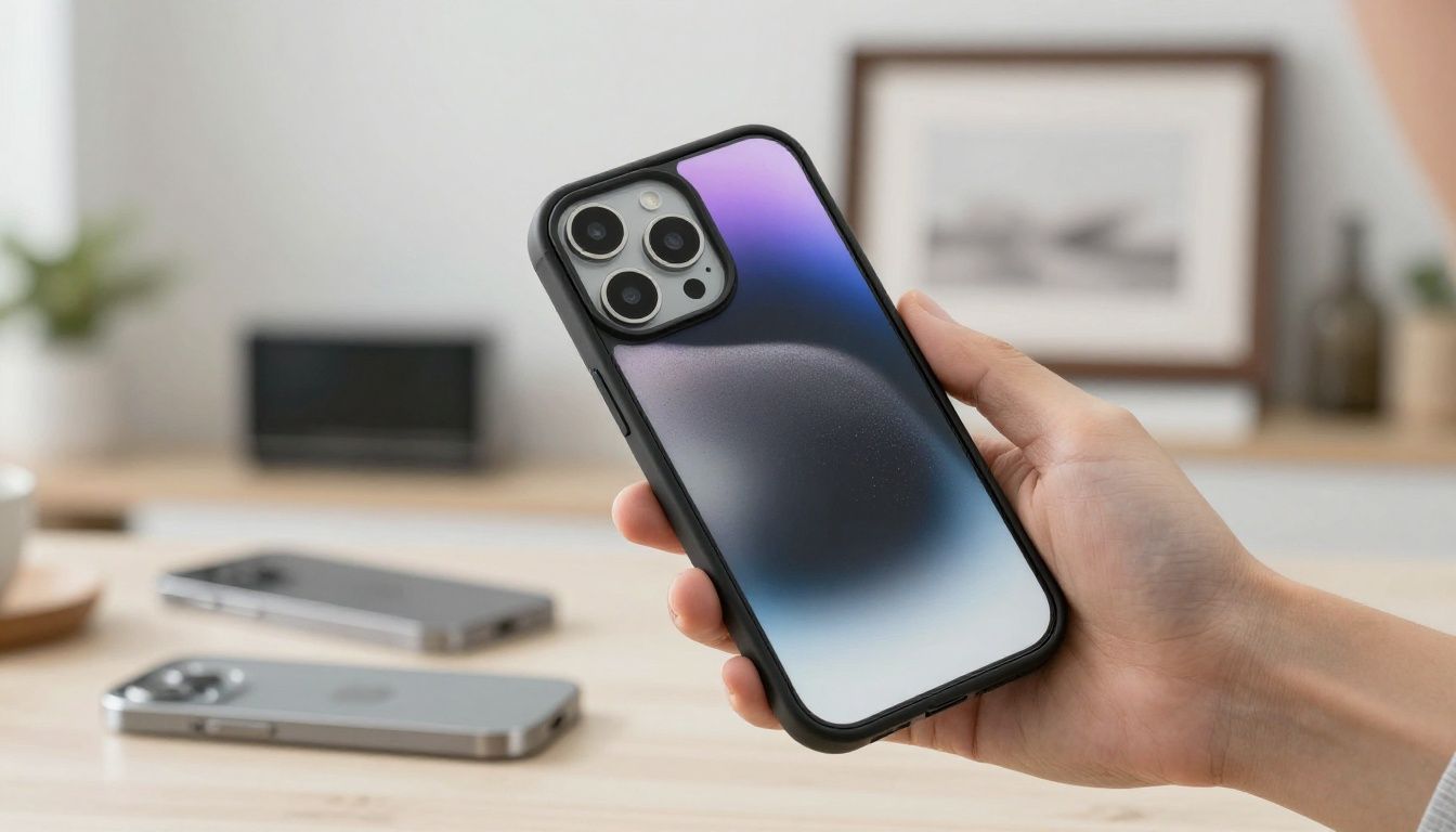 A person carefully placing their iPhone 15 Plus into a protective case, with a clean, modern home background.