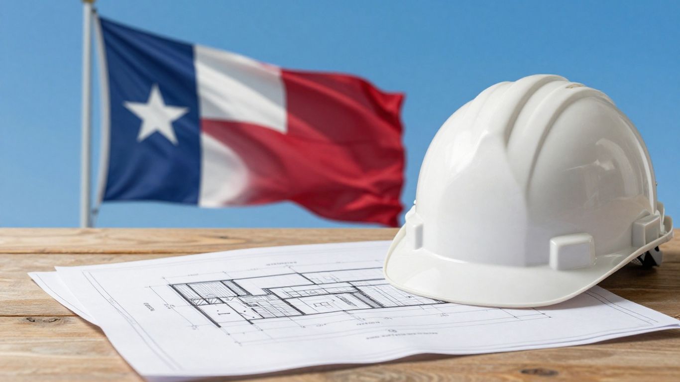 Texas flag and construction blueprint with helmet.