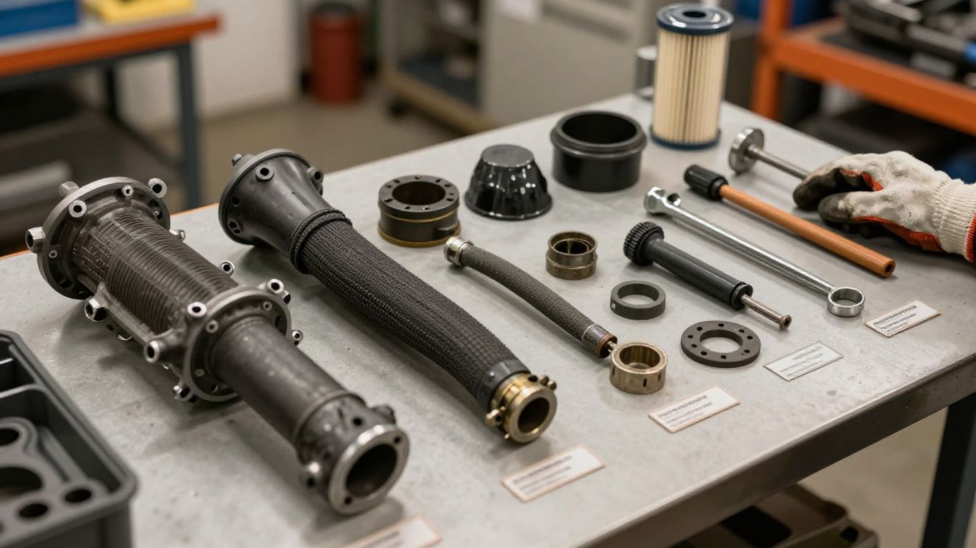 Engine replacement parts arranged in professional workshop