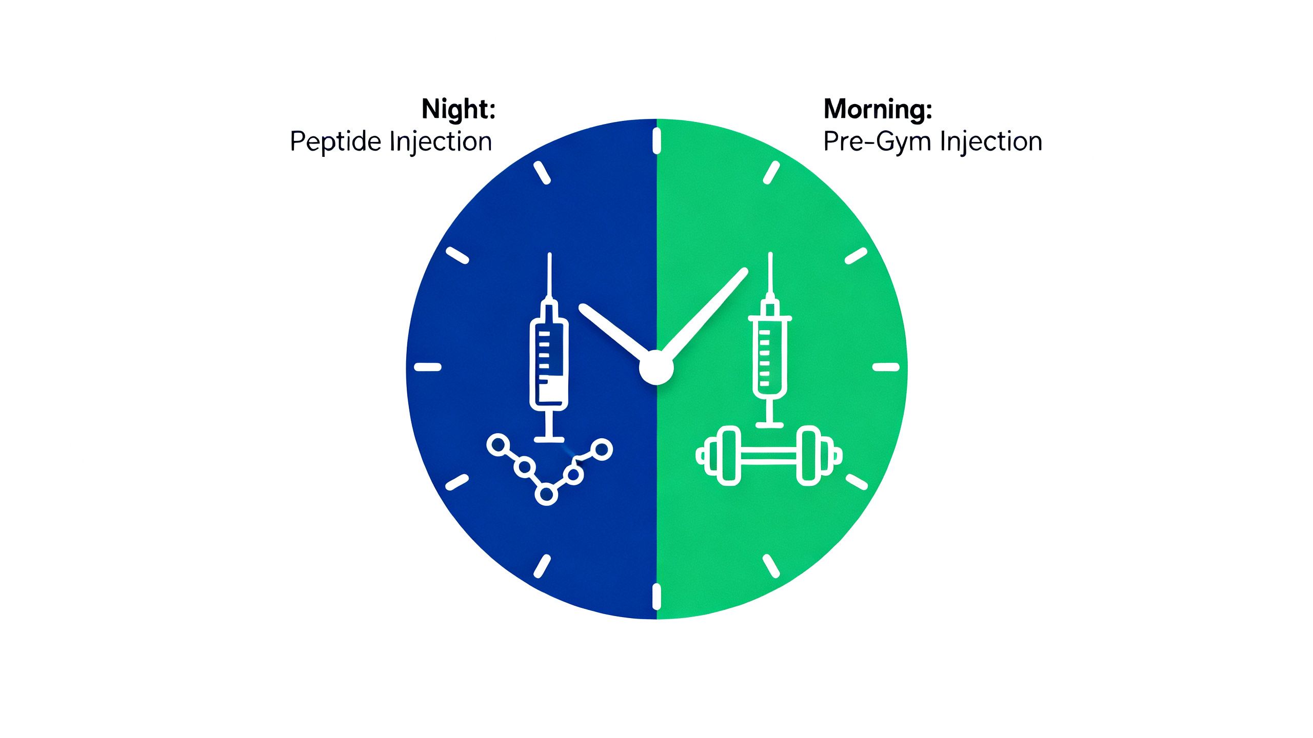 A split-image showing a clock with an icon for a peptide injection at night and another icon for an injection in the morning before a gym workout, illustrating the concept of strategic timing.