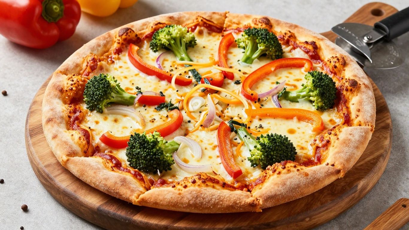 Freshly baked veggie pizza with colorful toppings.