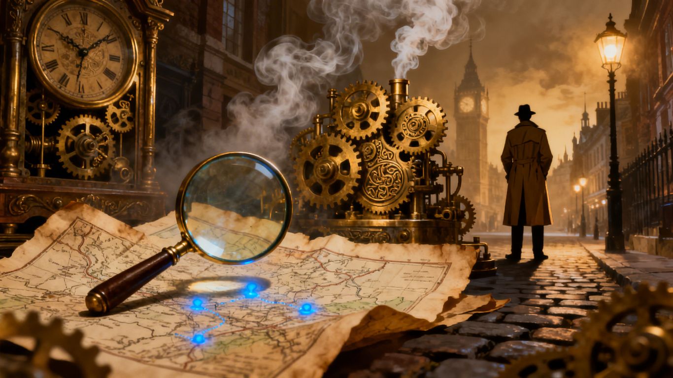 Detective Fest: Magnifying glass, map, gears, and detective silhouette.