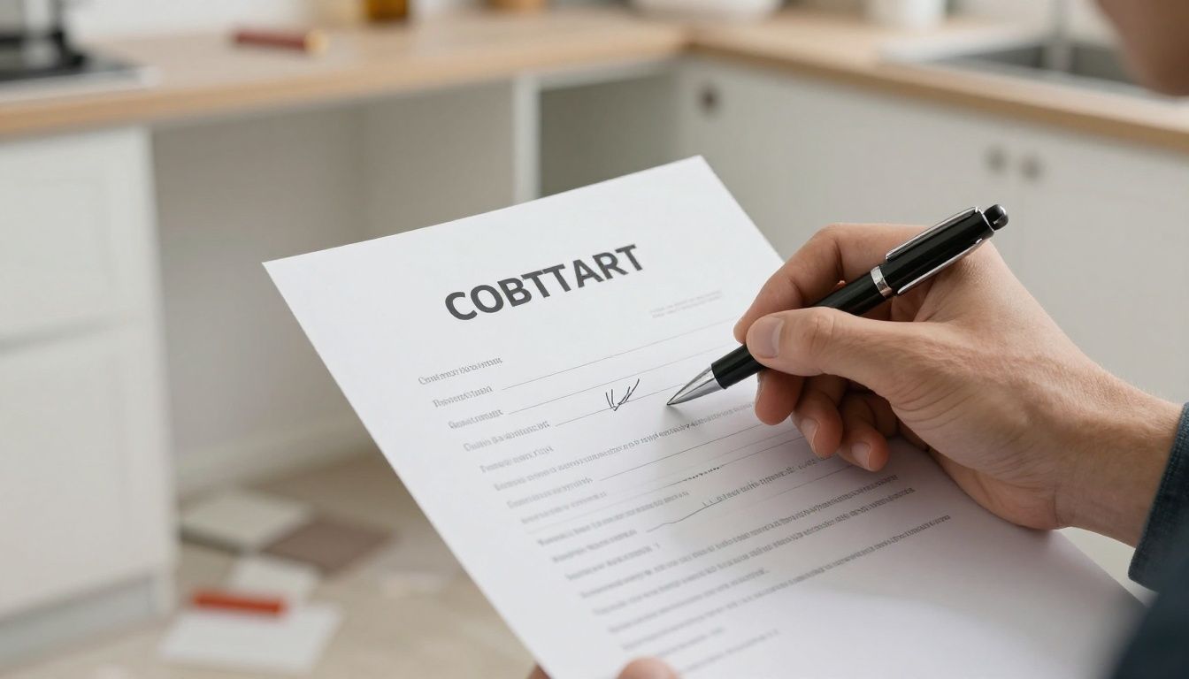 Hand about to sign a contract for custom kitchen cabinets.