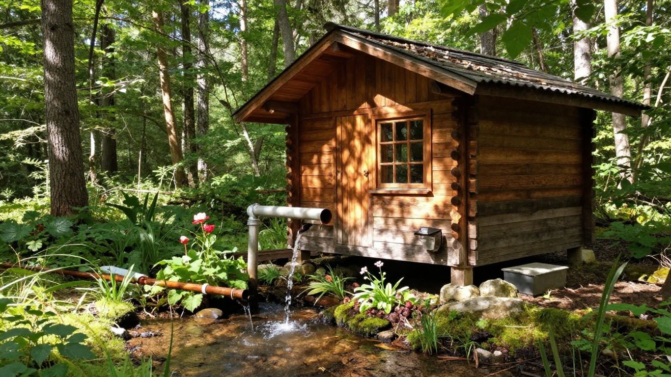 Cabin greywater system feeding a garden.