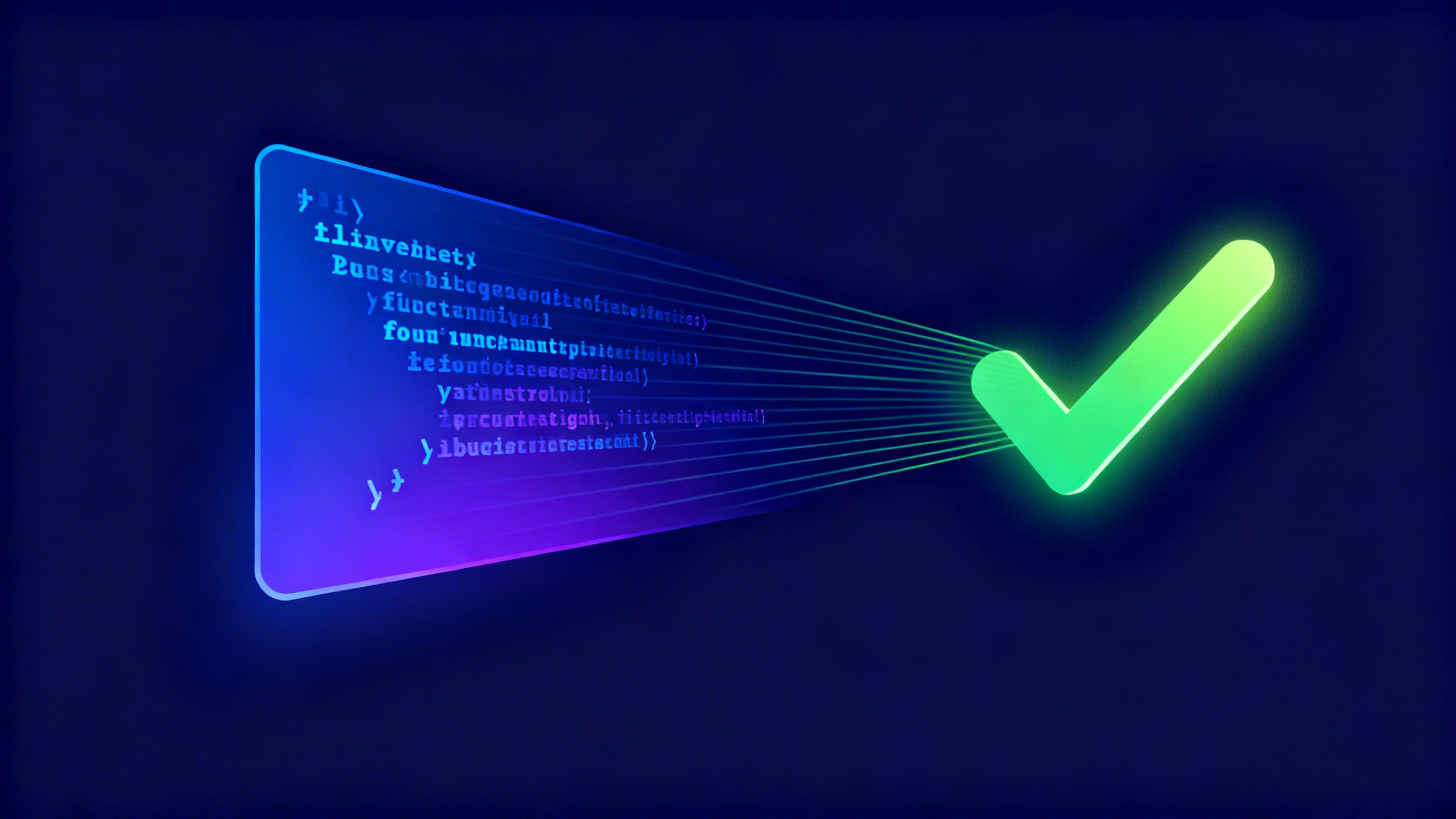 An abstract visualization of a line of code being scanned and verified by a glowing green checkmark, representing bug prevention through formal verification.
