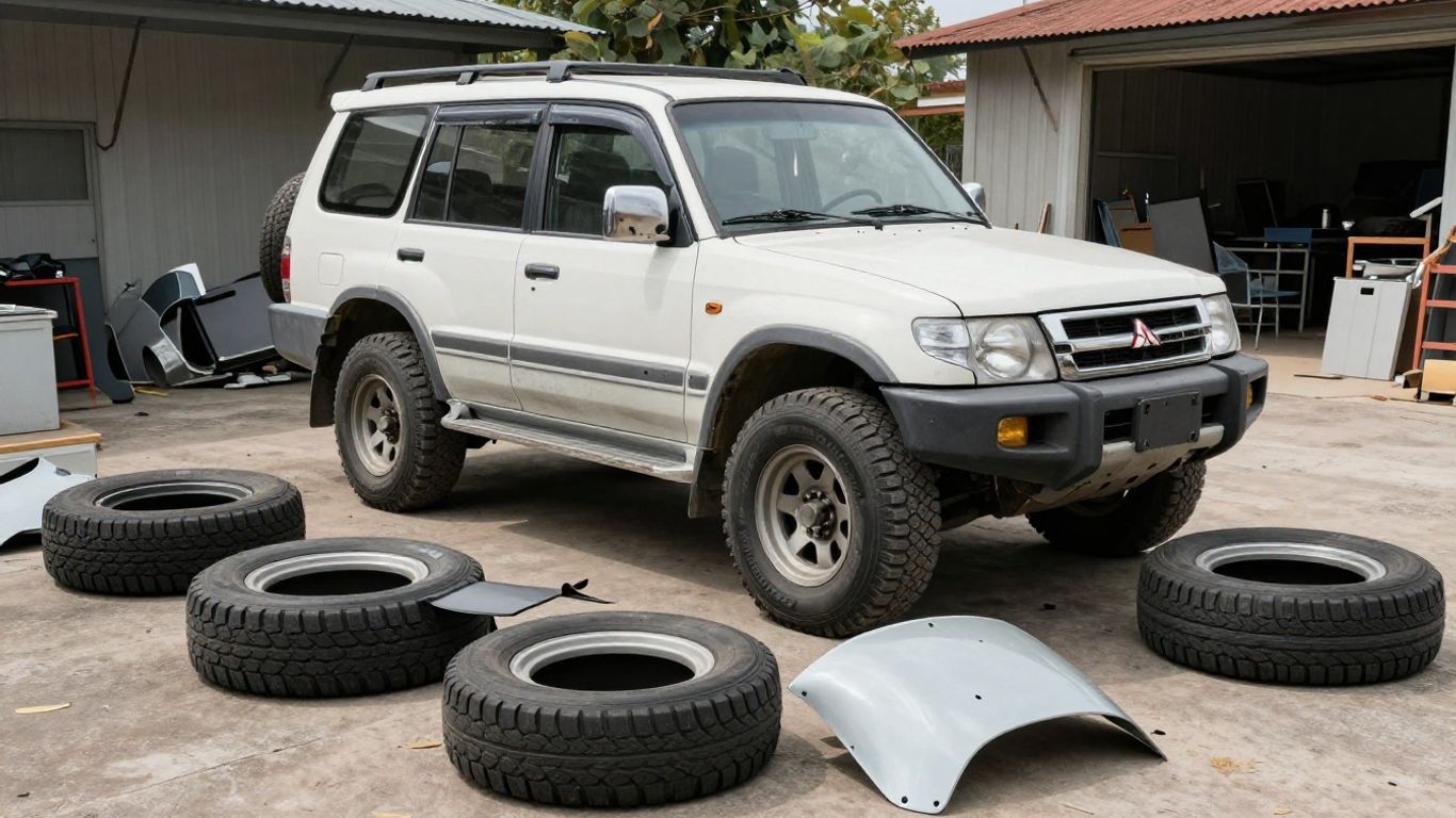 Mitsubishi Pajero parts at a wrecking yard.