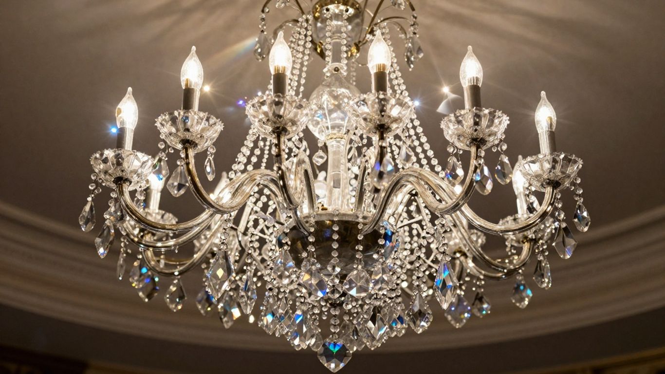 Sparkling crystal chandelier with dazzling light reflections.