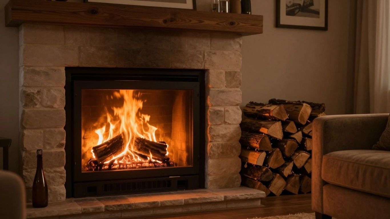 Cozy fireplace with firewood in a living room.