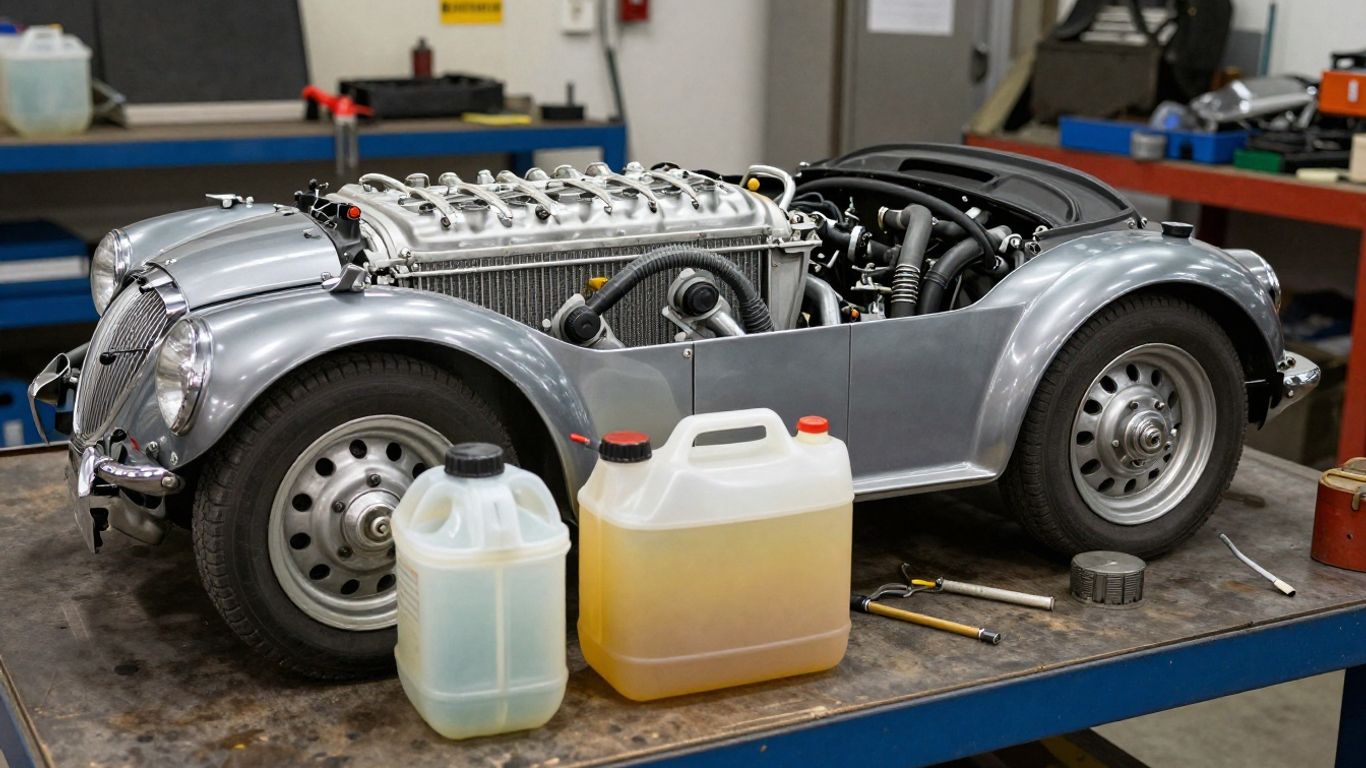 Close view of coolant reservoir and radiator components