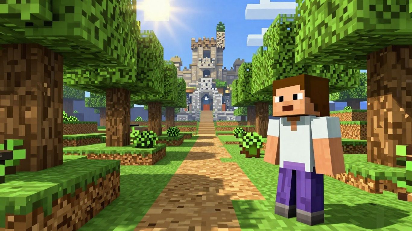 Minecraft characters exploring a blocky, pixelated world.