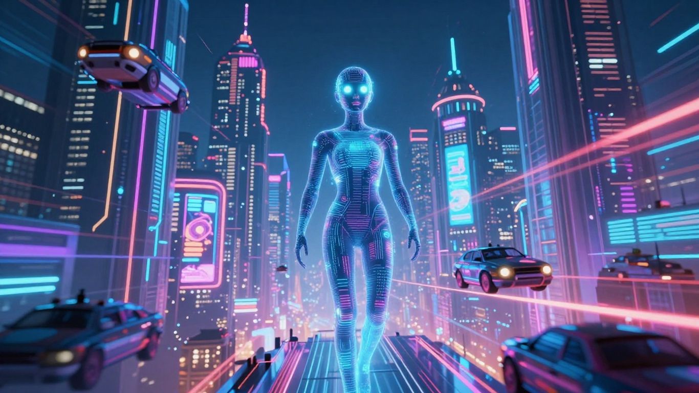 Futuristic cityscape with digital avatars and flying vehicles.