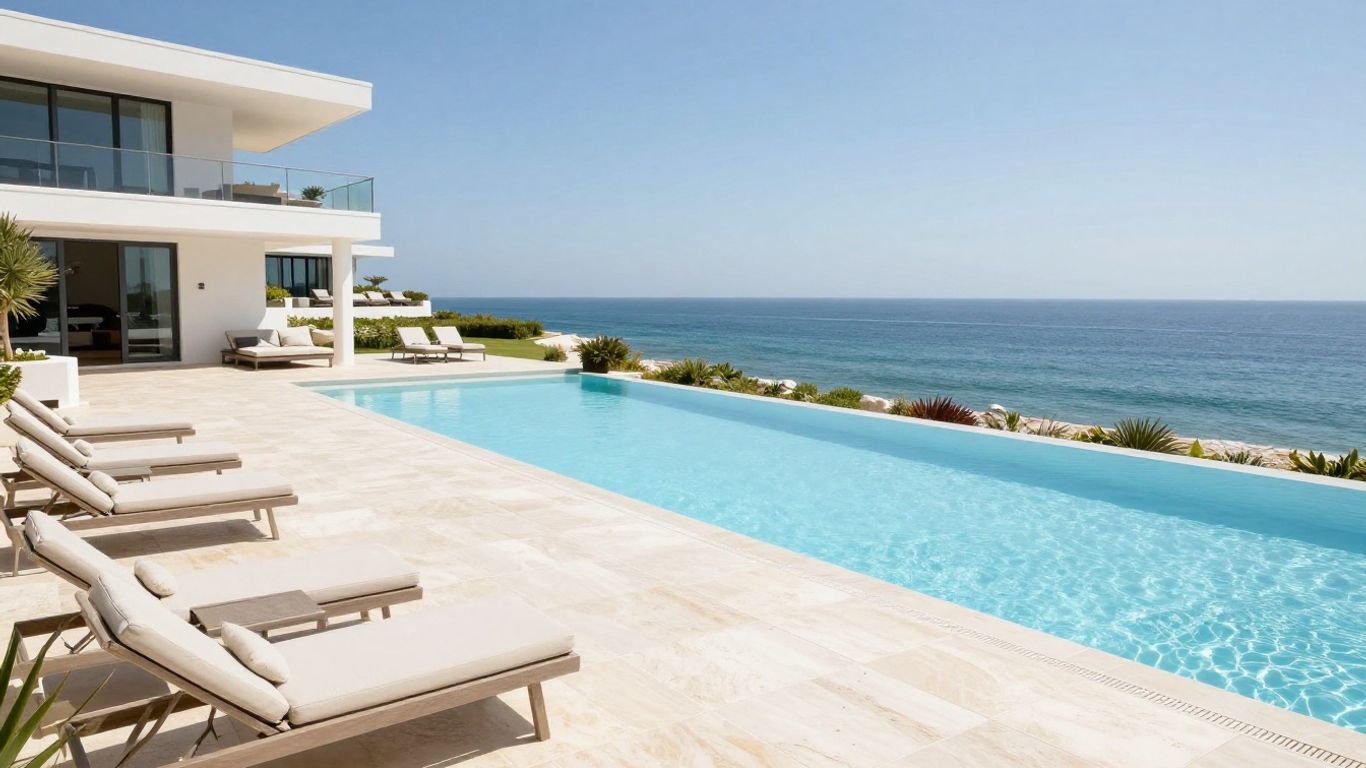 A vibrant infinity pool overlooking the clear blue sea
