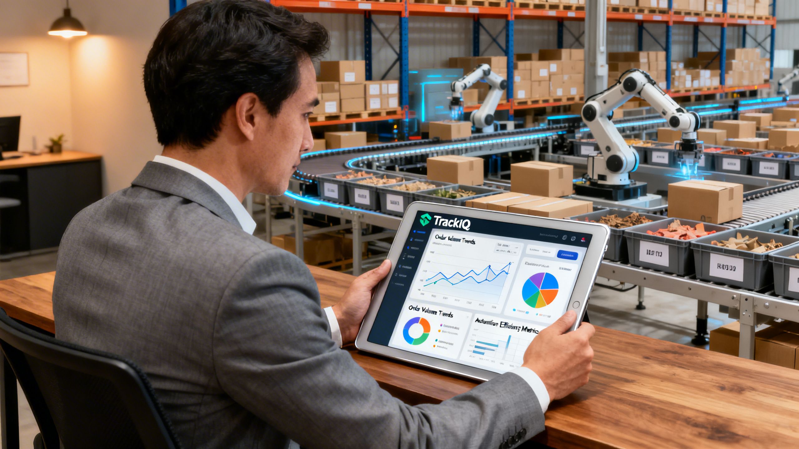 A business owner looking at a TrackIQ dashboard on a tablet, which displays graphs and insights mirroring the intelligent sorting done by eCommerce robotic automation in the background.