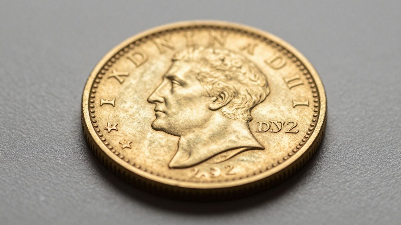 Pièce d'or Napoléon, gros plan, sur fond flou.