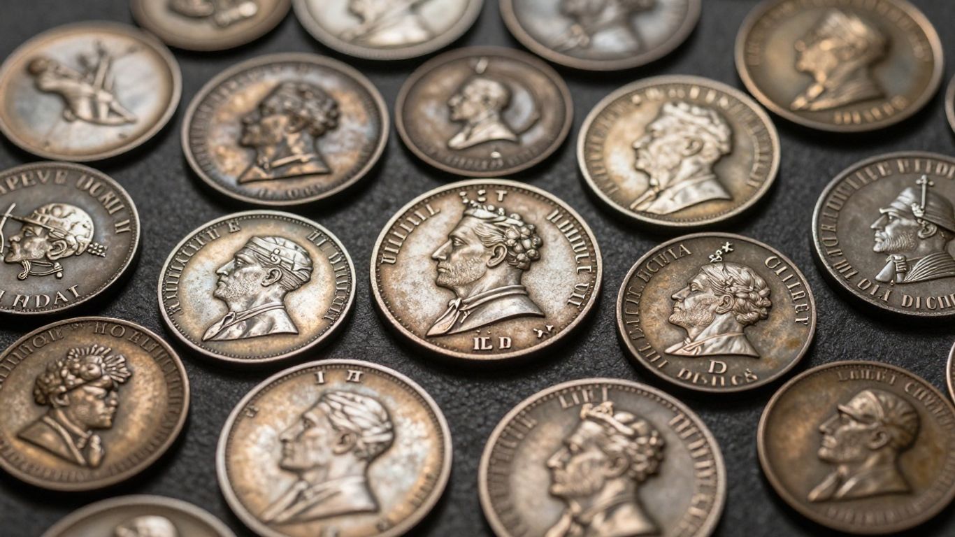 Collection of Civil War tokens with intricate designs.