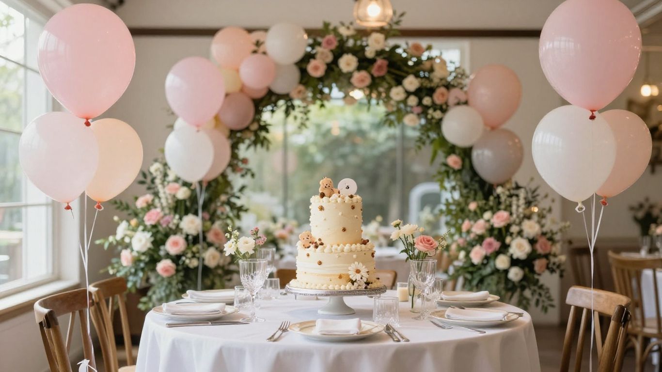 Elegant baby shower venue with balloons, flowers, and cake.
