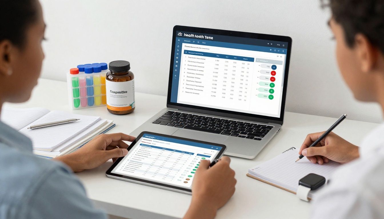 Bright modern health-tech scene with a diverse American adult reviewing organized lab results and health trends on a tablet beside a laptop, supplement organizer, fitness watch, and neatly arranged wellness notes; realistic natural lighting, clean contemporary workspace, no text, no logos, no distorted hands, no extra limbs.